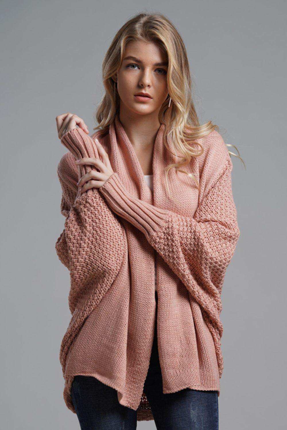 Dolman Sleeve Open Front Ribbed Trim Longline Cardigan - Trendsi - Flyclothing LLC