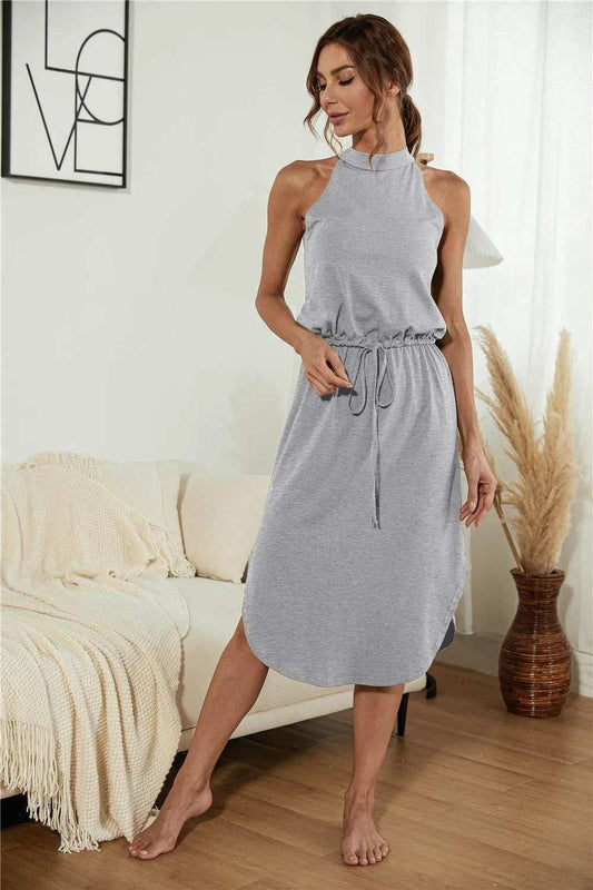 Drawstring Open Back Slit Sleeveless Dress - Trendsi - Flyclothing LLC