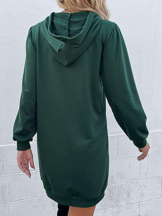 Drawstring Puff Sleeve Hooded Dress - Trendsi
