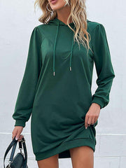 Drawstring Puff Sleeve Hooded Dress - Trendsi