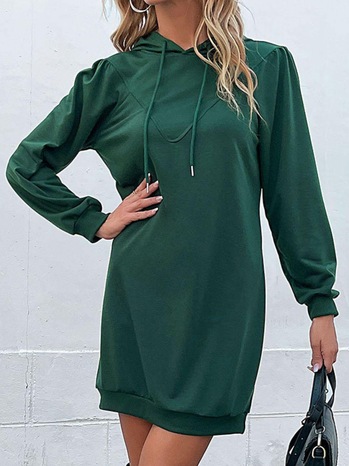 Drawstring Puff Sleeve Hooded Dress - Trendsi