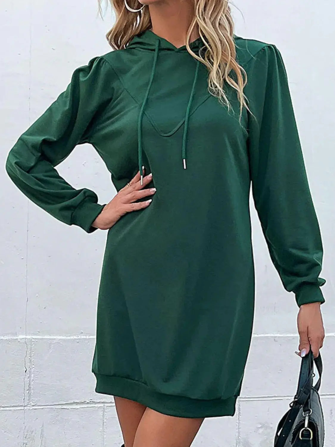 Drawstring Puff Sleeve Hooded Dress - Trendsi - Flyclothing LLC