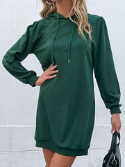 Drawstring Puff Sleeve Hooded Dress - Trendsi