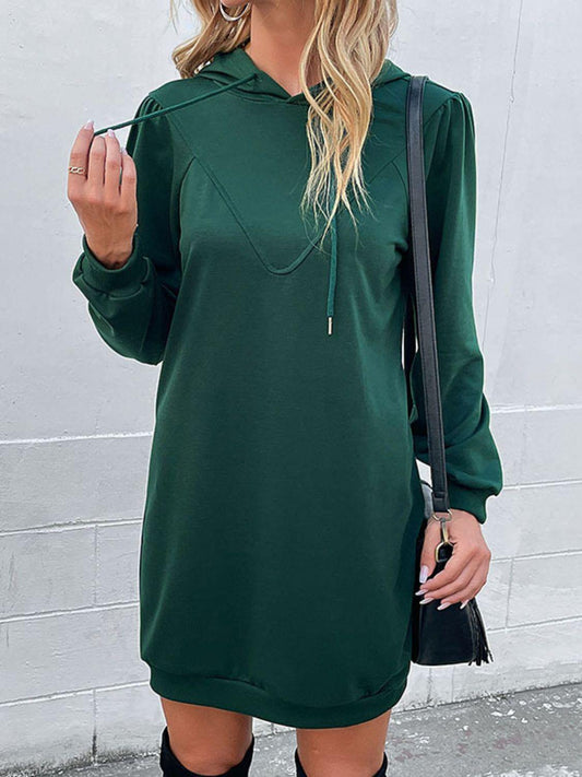 Drawstring Puff Sleeve Hooded Dress - Trendsi