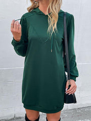 Drawstring Puff Sleeve Hooded Dress - Trendsi