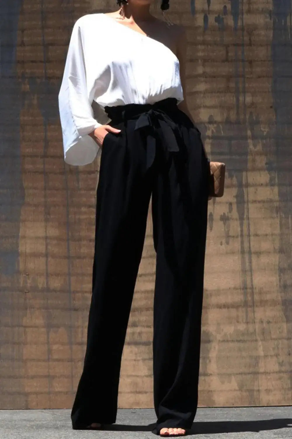 Dress Day Marvelous in Manhattan One-Shoulder Jumpsuit in White/Black - Trendsi - Flyclothing LLC
