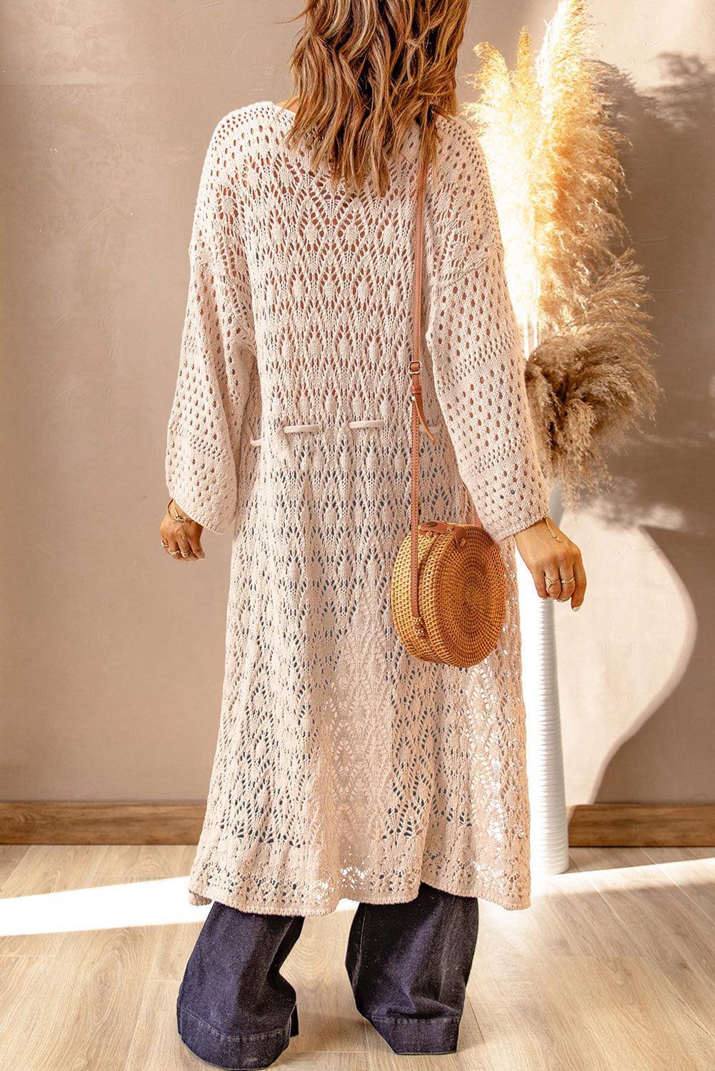 Dropped Shoulder Long Sleeve Crochet Duster Cardigan - Trendsi