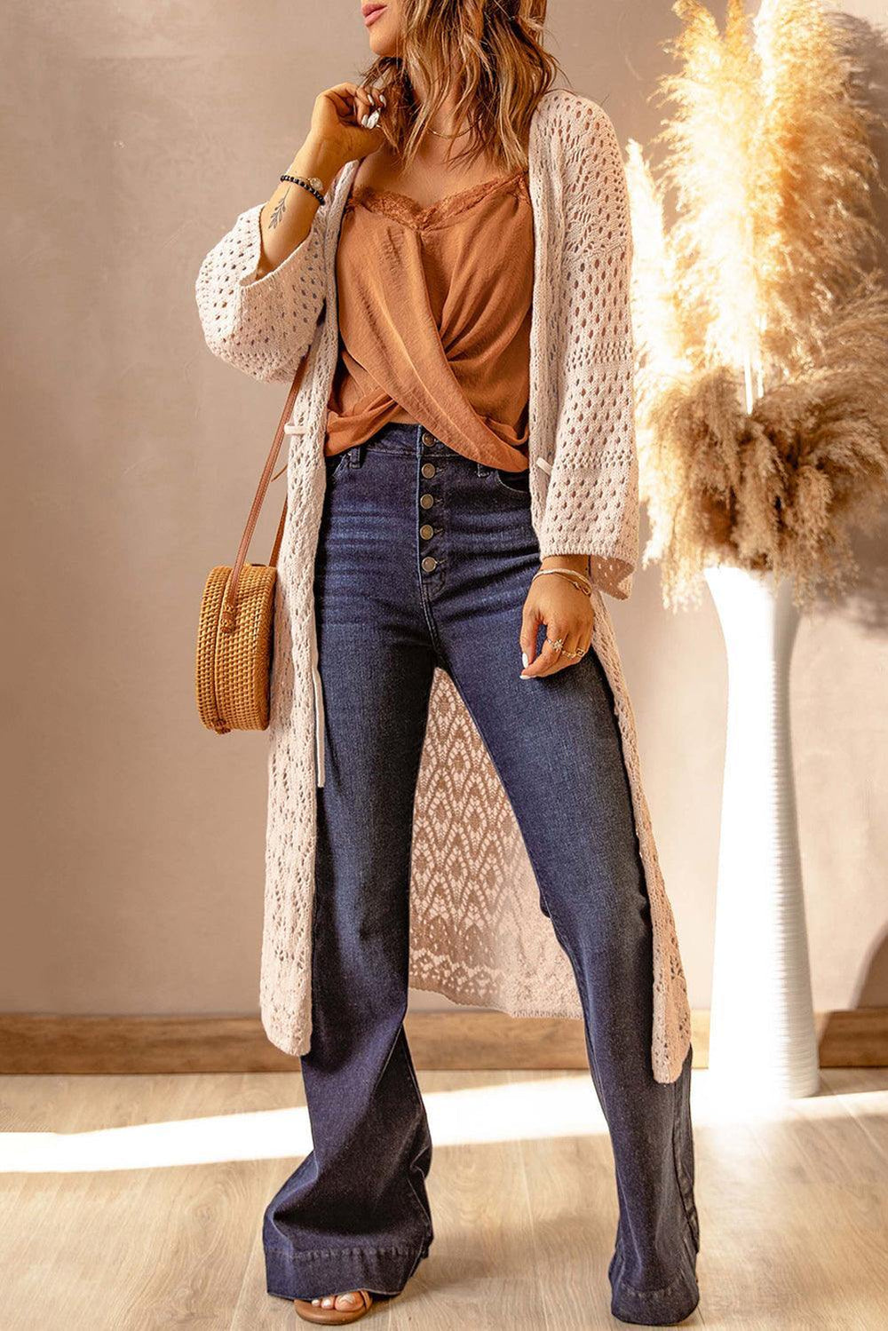 Dropped Shoulder Long Sleeve Crochet Duster Cardigan - Trendsi