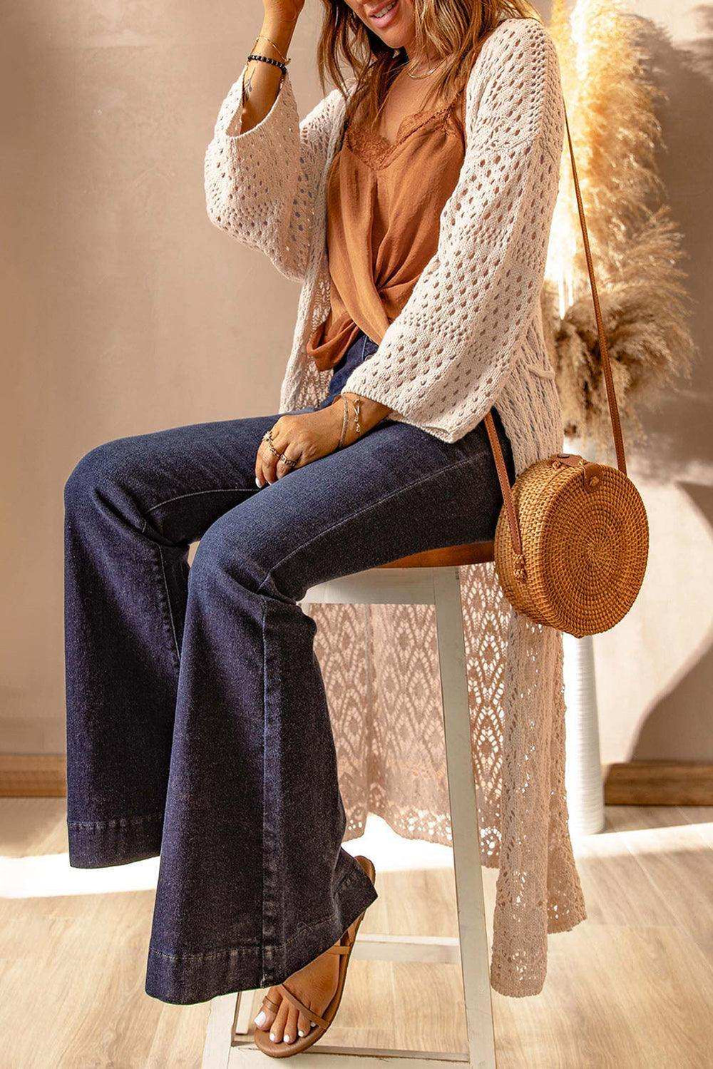 Dropped Shoulder Long Sleeve Crochet Duster Cardigan - Trendsi - Flyclothing LLC