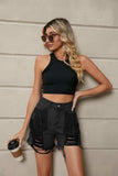 Fringe Trim Distressed Denim Shorts with Pockets - Trendsi - Flyclothing LLC