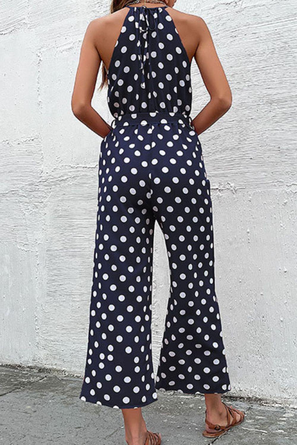 Polka Dot Grecian Wide Leg Jumpsuit - Trendsi