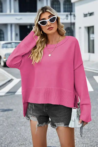 High-Low Slit Round Neck Long Sleeve Sweater - Trendsi - Flyclothing LLC