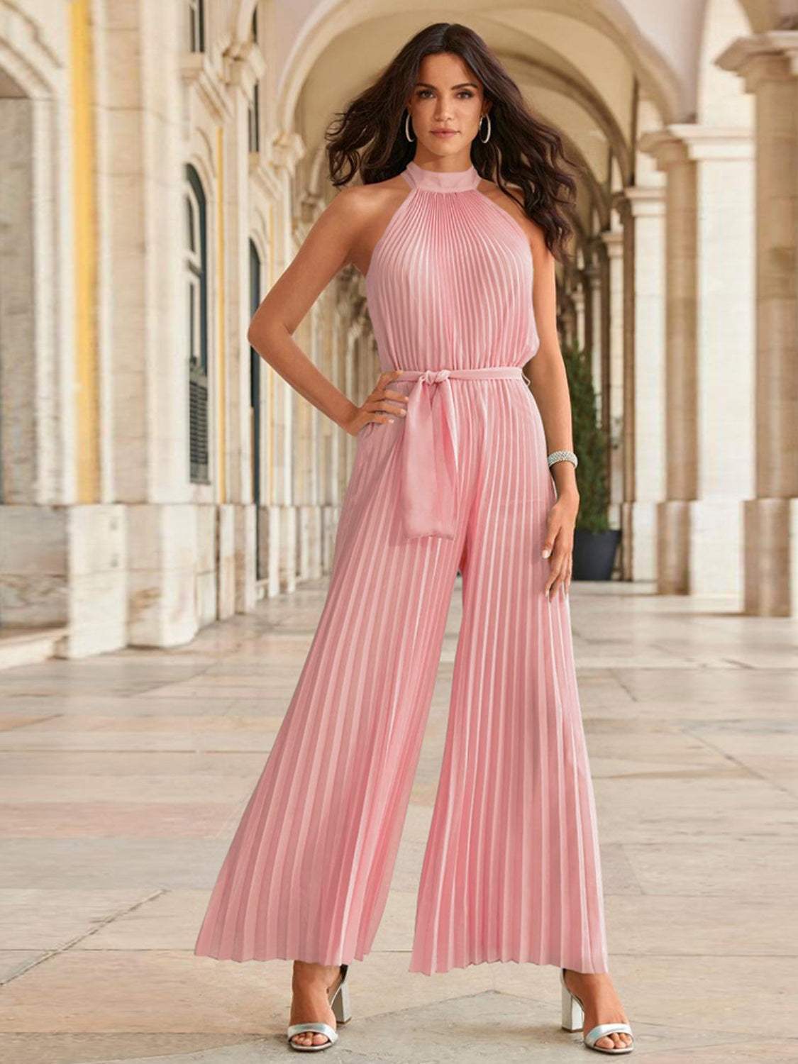 Cutout Tied Pleated Sleeveless Jumpsuit - Trendsi - Flyclothing LLC