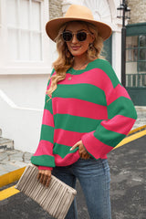 Striped Balloon Sleeve Knit Pullover - Flyclothing LLC