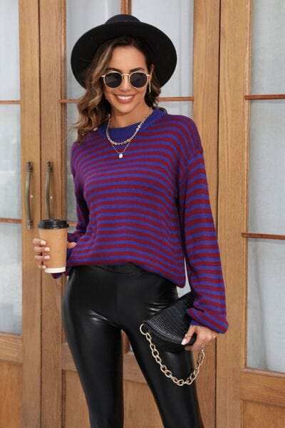 Striped Round Neck Dropped Shoulder Sweater - Trendsi - Flyclothing LLC