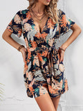 Botanical Print Surplice Neck Tie Waist Romper - Trendsi