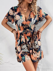 Botanical Print Surplice Neck Tie Waist Romper - Trendsi