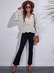 Floral V-Neck Balloon Sleeve Peplum Blouse - Trendsi
