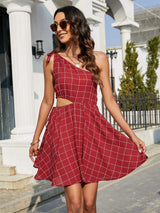 Grid One-Shoulder Tied Cutout Dress - Trendsi - Flyclothing LLC