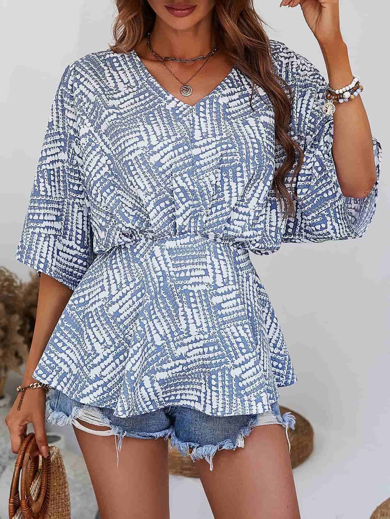 Printed V-Neck Dolman Sleeve Blouse - Trendsi - Flyclothing LLC