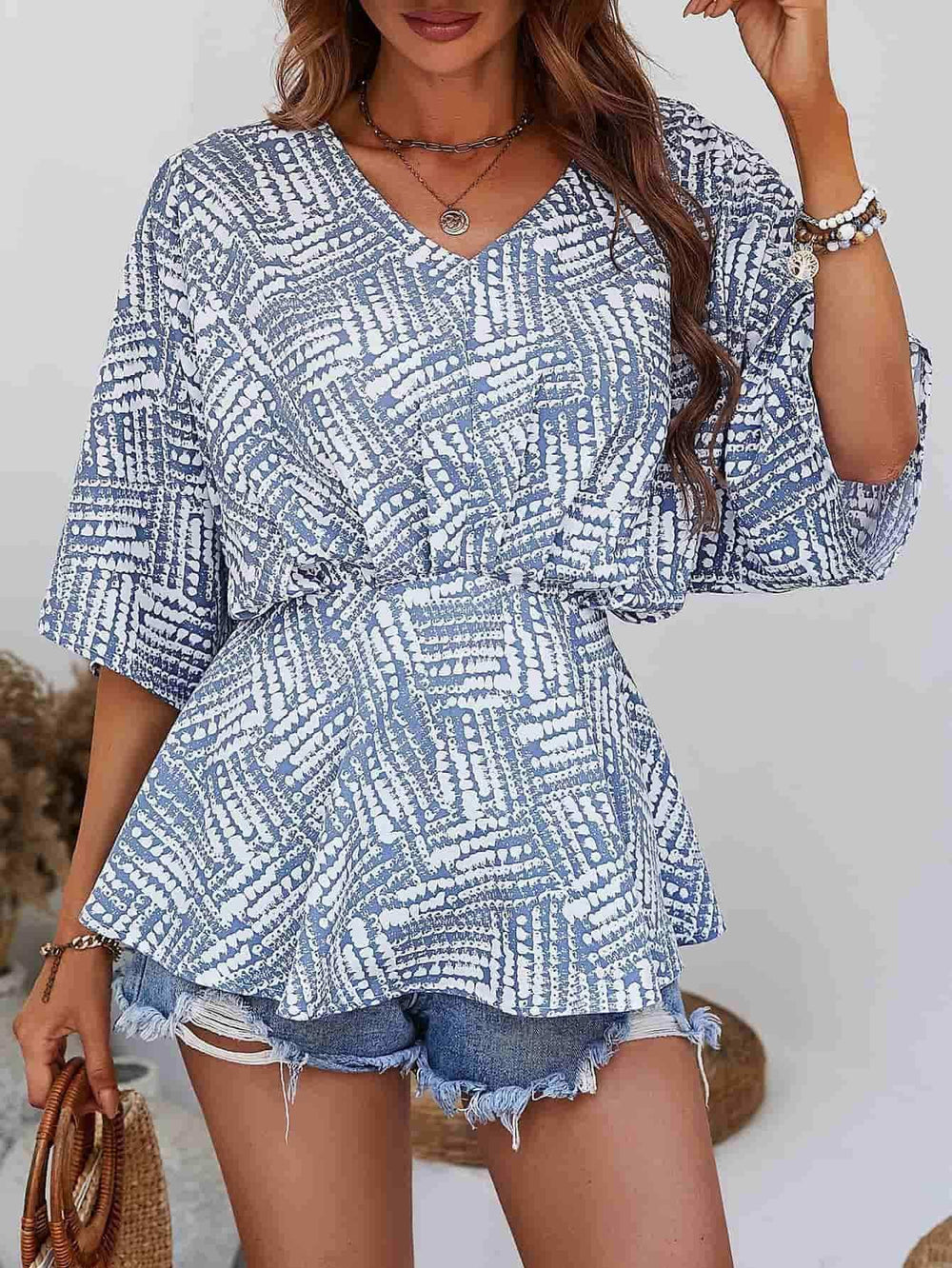 Printed V-Neck Dolman Sleeve Blouse - Trendsi - Flyclothing LLC