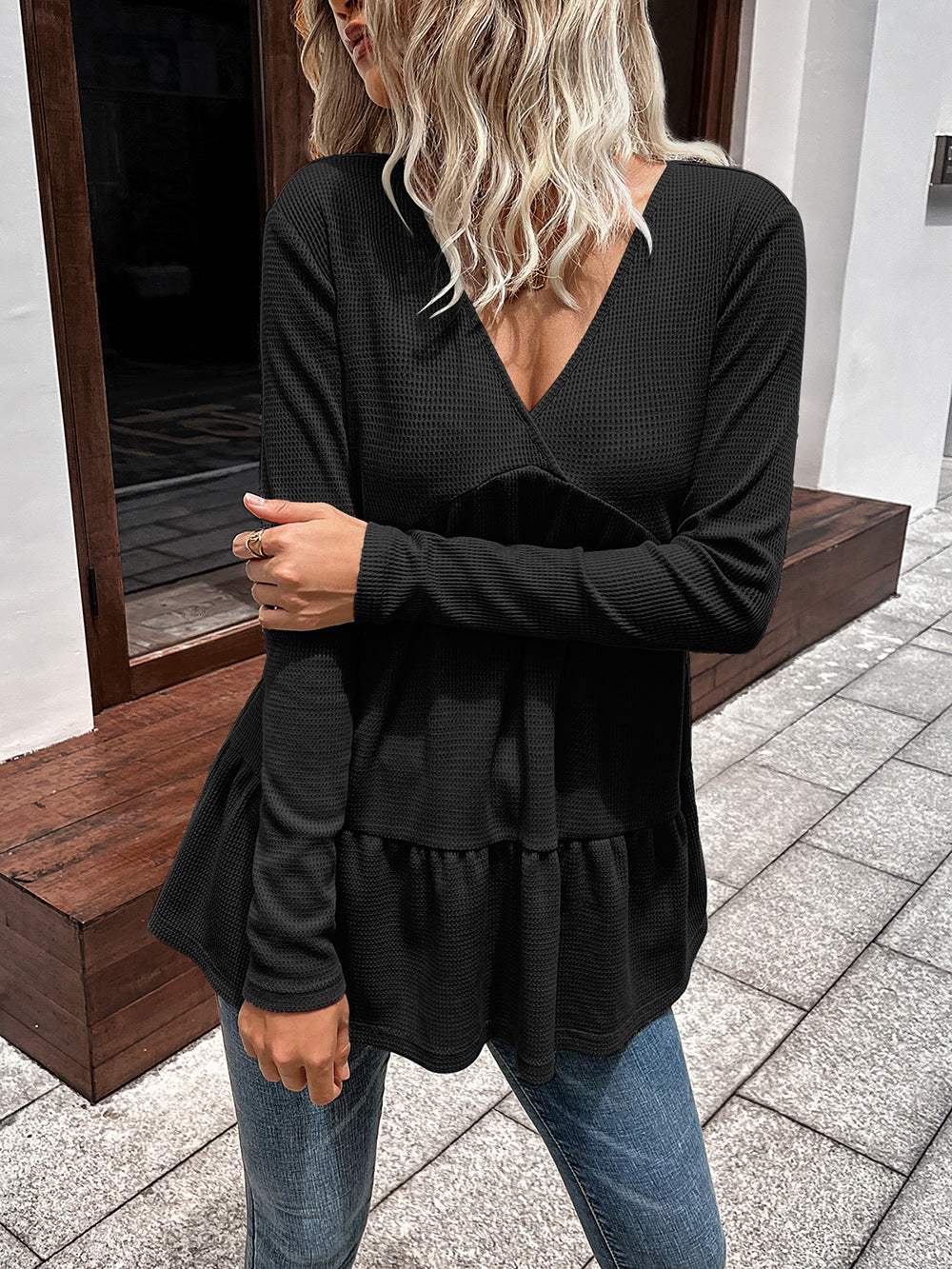 Waffle-knit V-Neck Long Sleeve Blouse - Trendsi - Flyclothing LLC