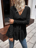 Waffle-knit V-Neck Long Sleeve Blouse - Trendsi - Flyclothing LLC
