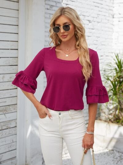 Ruffled Suqare Neck Half Sleeve Blouse - Trendsi