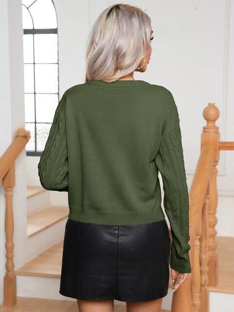 Cable-Knit Round Neck Long Sleeve Sweater - Trendsi