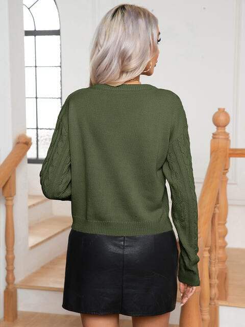 Cable-Knit Round Neck Long Sleeve Sweater - Trendsi - Flyclothing LLC