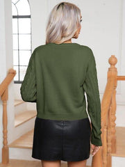 Cable-Knit Round Neck Long Sleeve Sweater - Trendsi