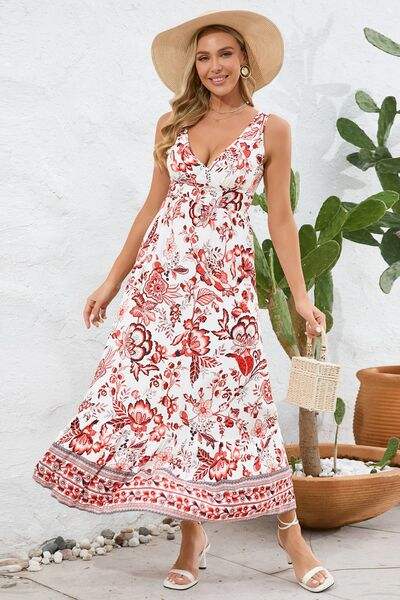 Printed V-Neck Wide Strap Dress - Trendsi - Flyclothing LLC