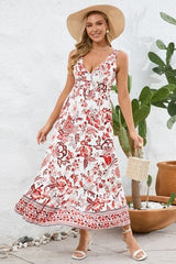 Printed V-Neck Wide Strap Dress - Trendsi