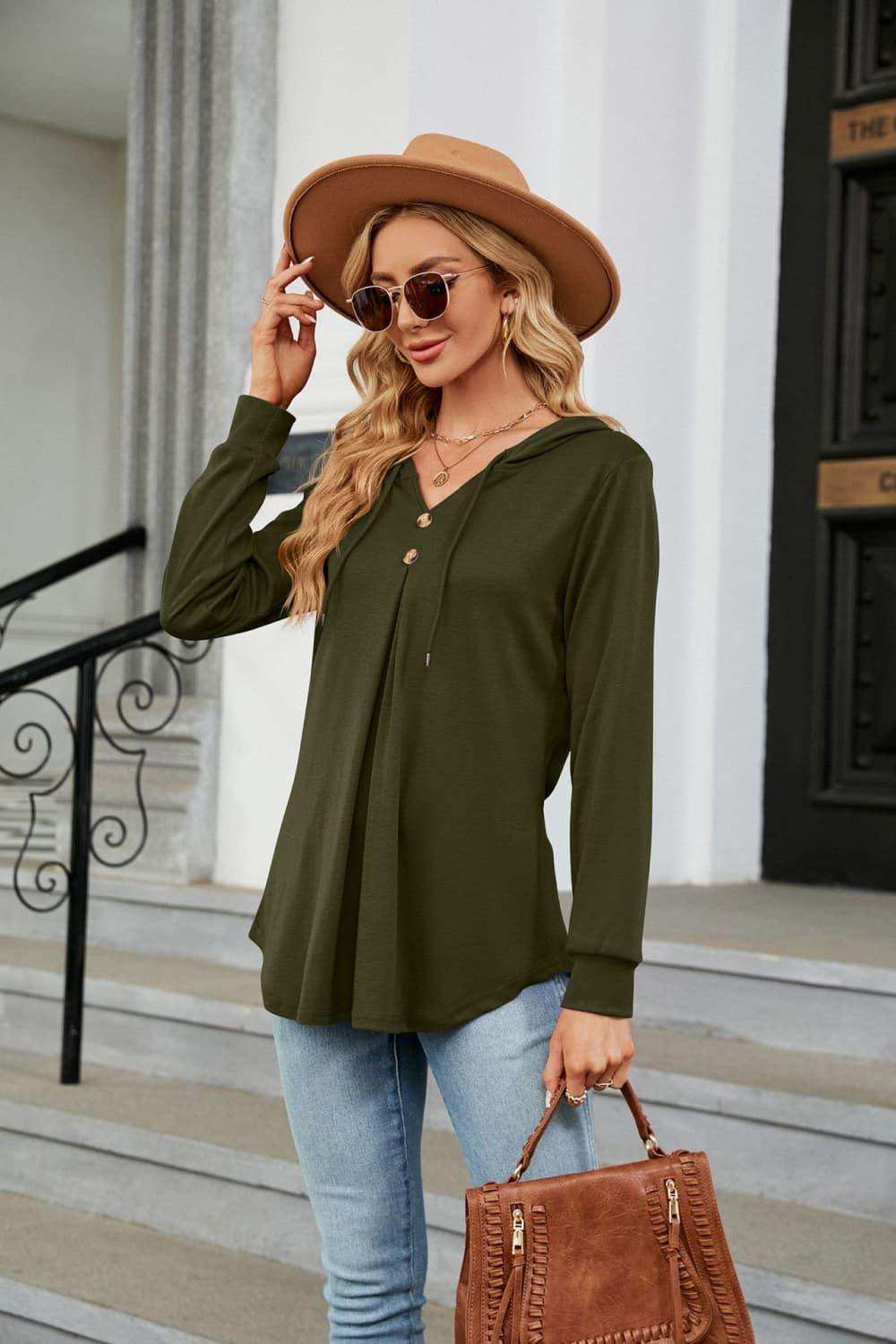 Long Sleeve Hooded Blouse - Trendsi - Flyclothing LLC