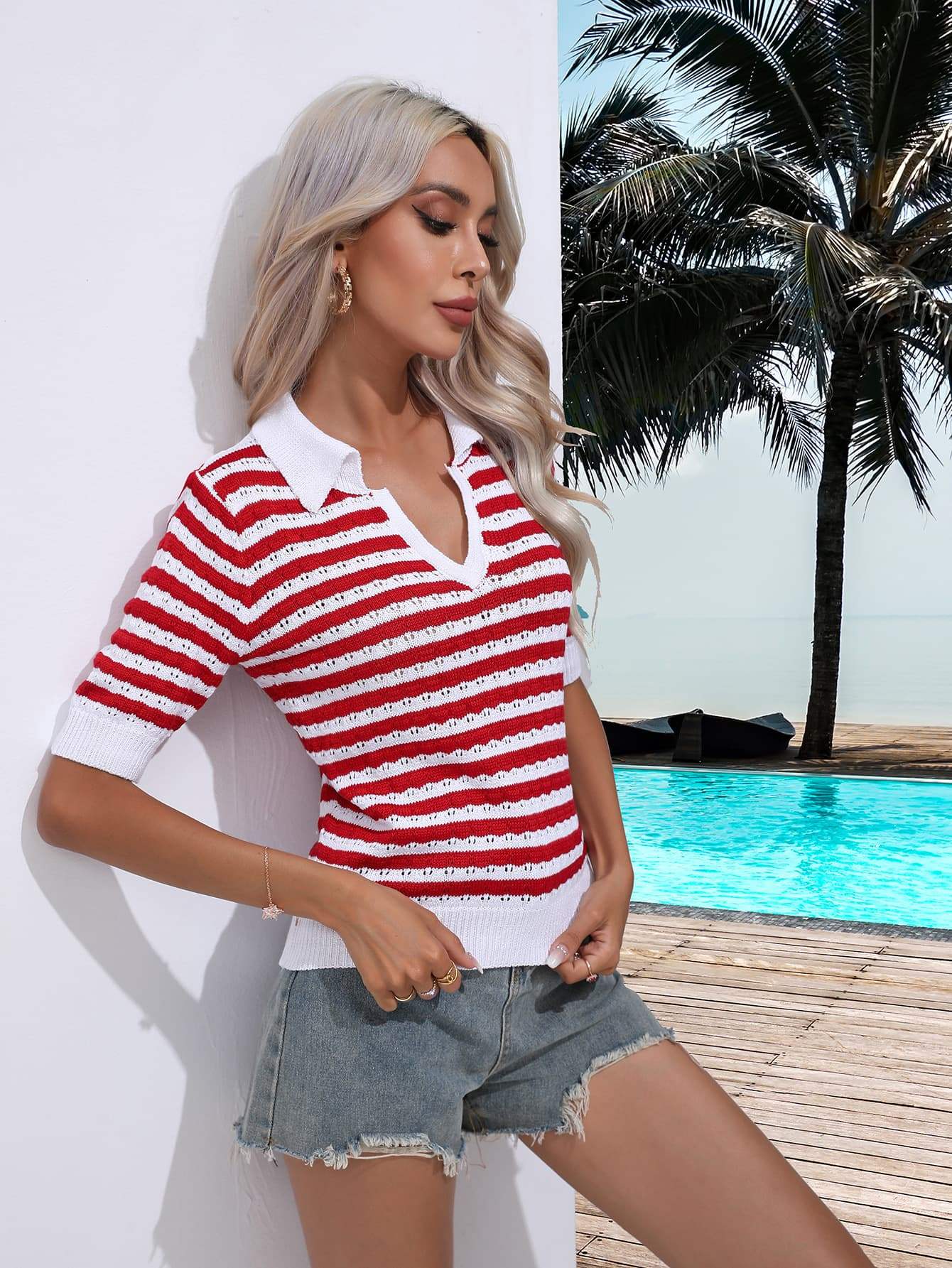 Striped Johnny Collar Half Sleeve Knit Top - Trendsi - Flyclothing LLC