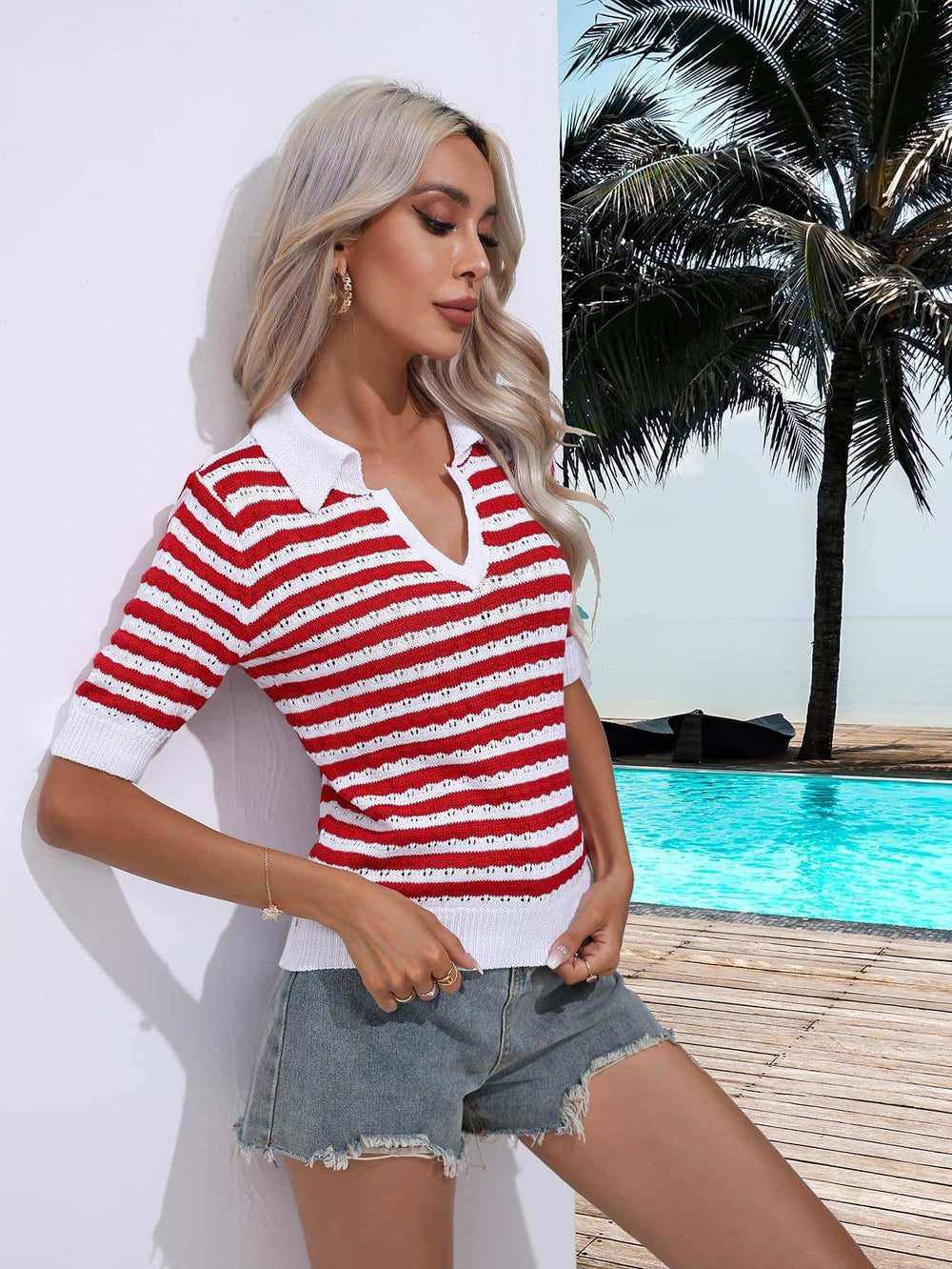 Striped Johnny Collar Half Sleeve Knit Top - Trendsi - Flyclothing LLC