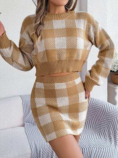Plaid Round Neck Top and Skirt Sweater Set - Trendsi - Flyclothing LLC