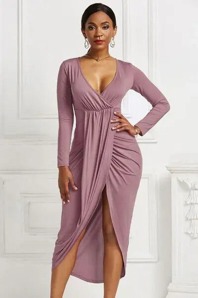 High-low Ruched Surplice Long Sleeve Dress - Trendsi - Flyclothing LLC