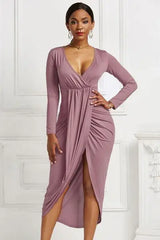 High-low Ruched Surplice Long Sleeve Dress - Trendsi - Flyclothing LLC