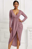 High-low Ruched Surplice Long Sleeve Dress - Trendsi - Flyclothing LLC