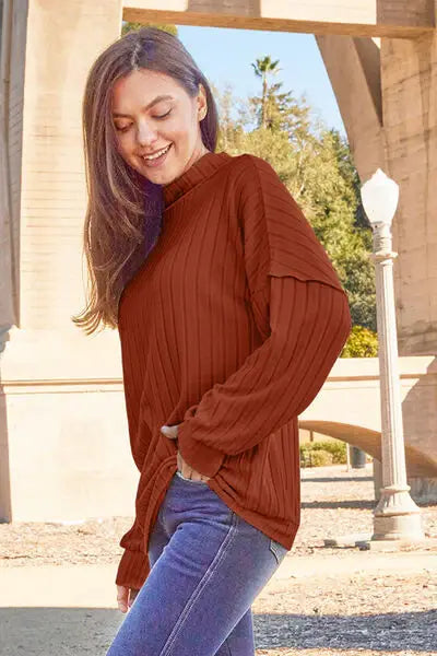 Basic Bae Full Size Ribbed Exposed Seam Mock Neck Knit Top - Trendsi - Flyclothing LLC