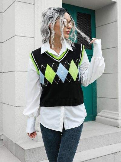 Geometric V-Neck Sweater Vest - Trendsi - Flyclothing LLC