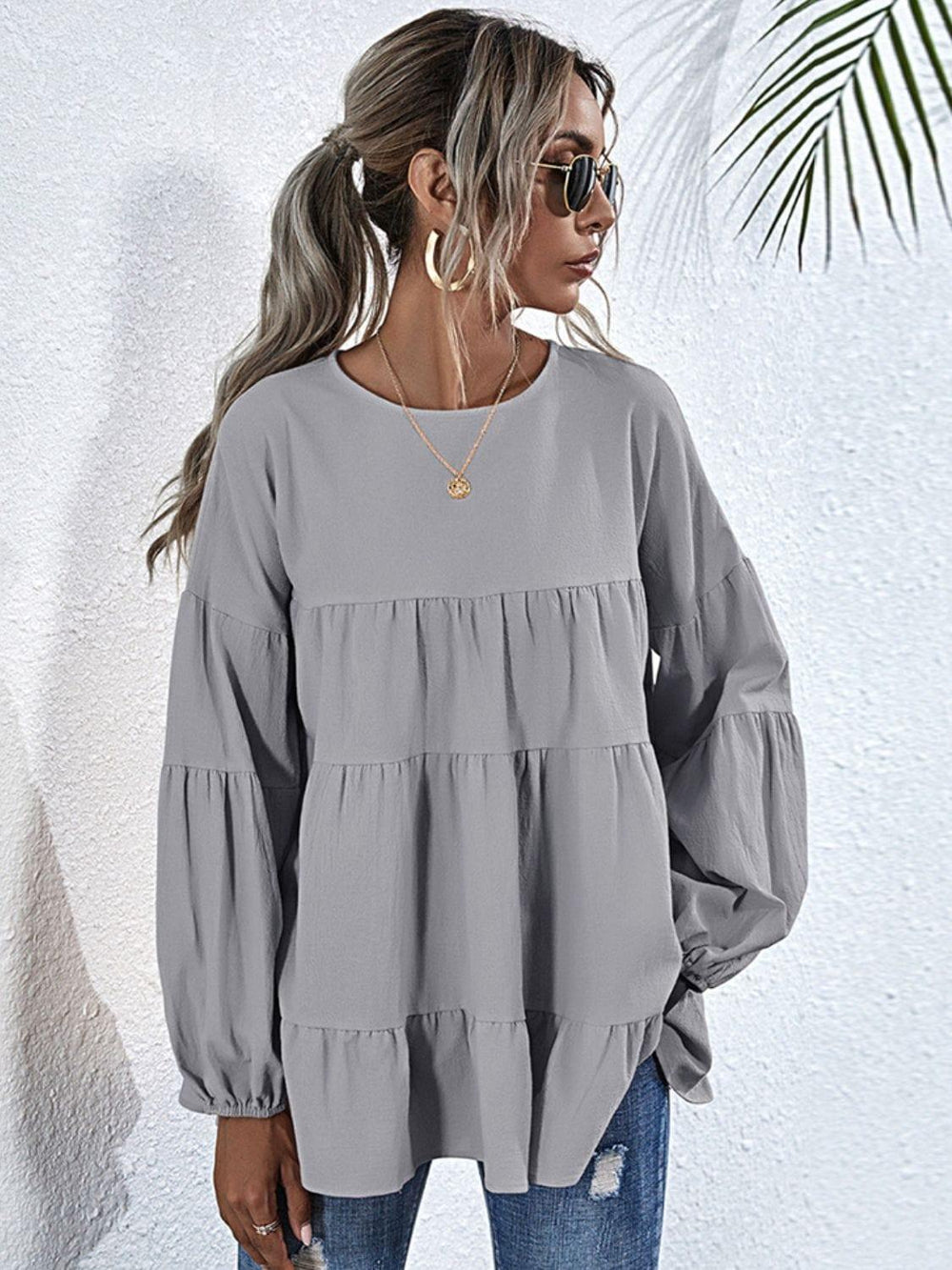 Round Neck Dropped Shoulder Tiered Blouse - Trendsi