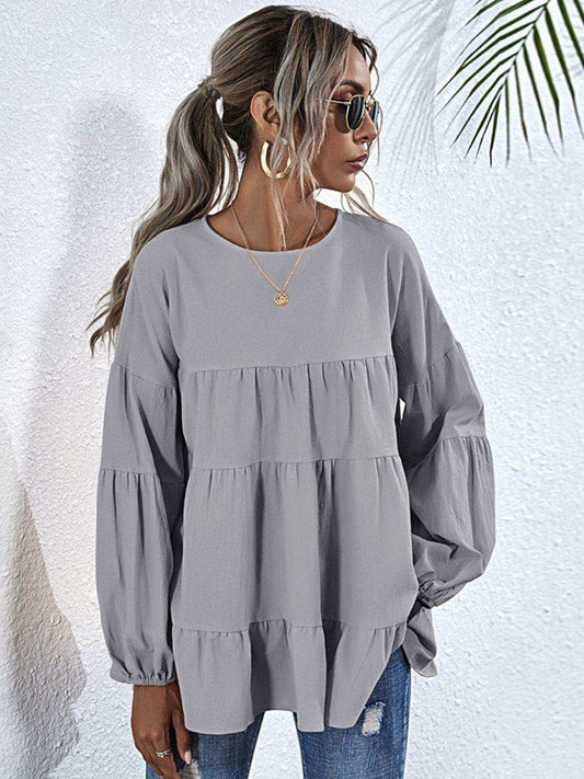 Round Neck Dropped Shoulder Tiered Blouse - Trendsi - Flyclothing LLC