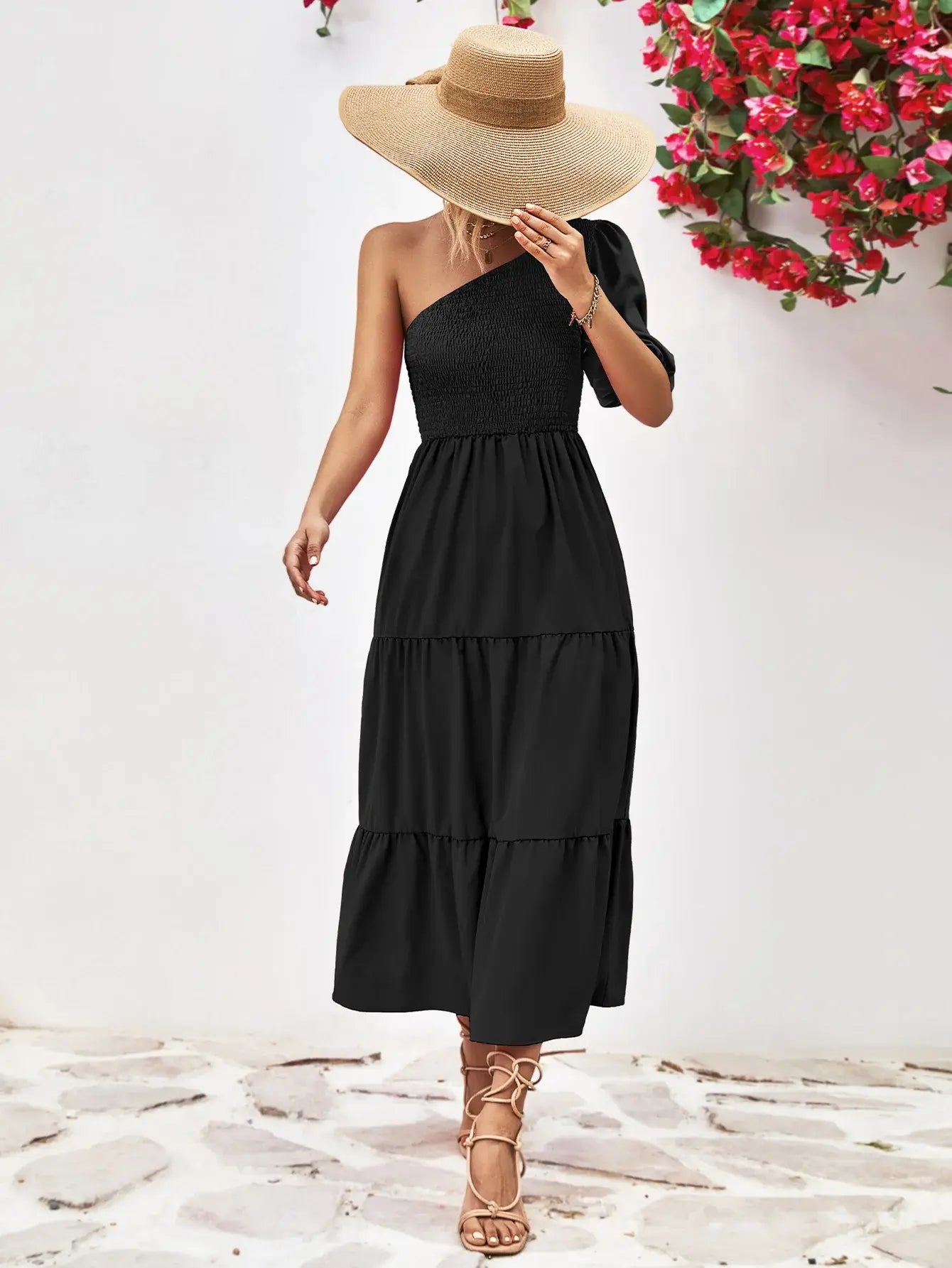 Smocked One-Shoulder Midi Dress - Trendsi - Flyclothing LLC