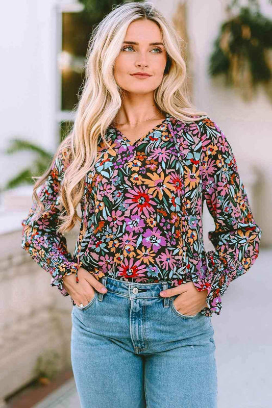 Floral Tie Neck Flounce Sleeve Blouse - Trendsi - Flyclothing LLC