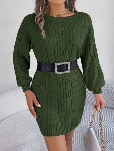Cable-Knit Round Neck Sweater Dress - Trendsi