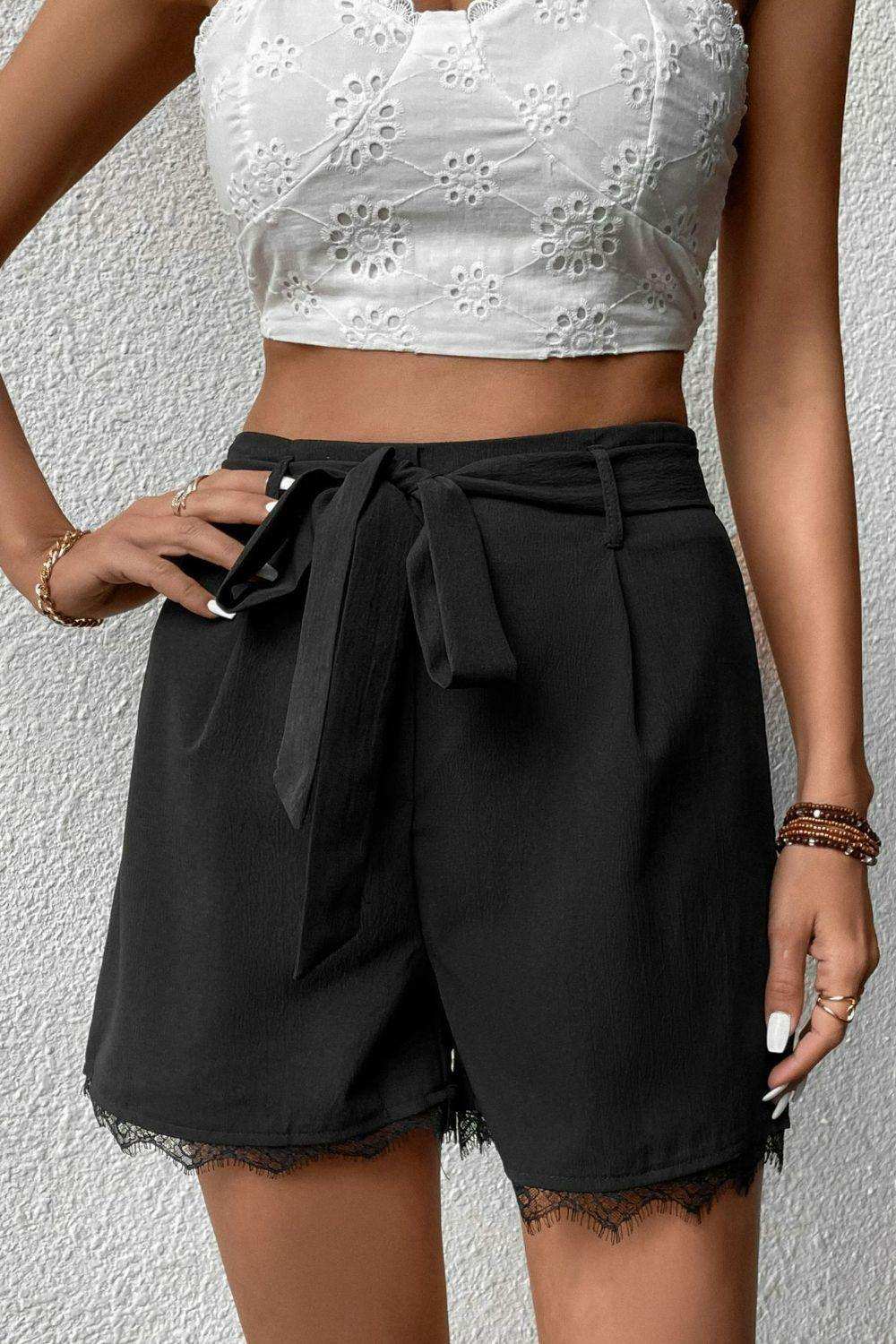 Tie Belt Lace Trim Shorts - Trendsi - Flyclothing LLC