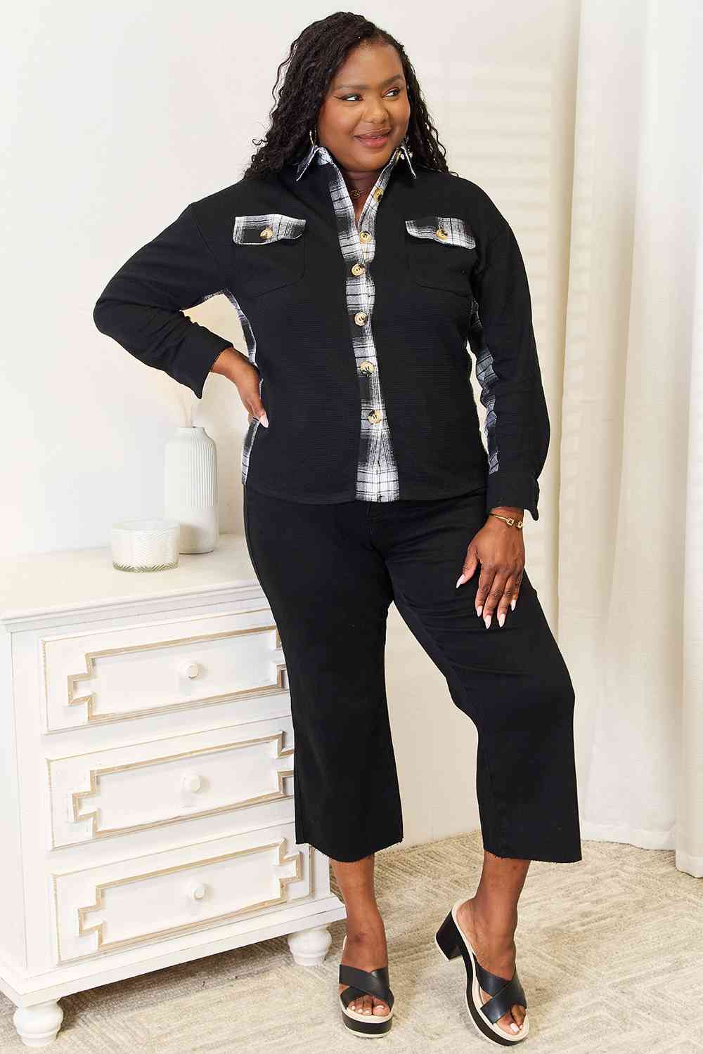 Double Take Plaid Collared Dropped Shoulder Jacket - Trendsi - Flyclothing LLC