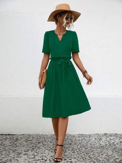 Tied Notched Short Sleeve Dress - Trendsi - Flyclothing LLC
